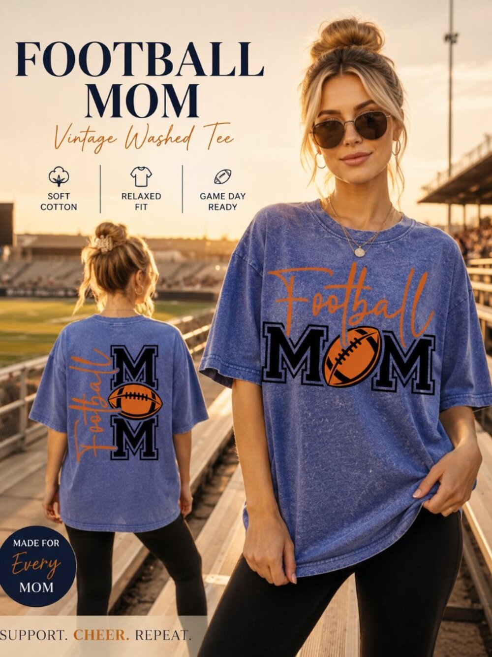 Blue Washed Oversized T Shirt, Football Mama Graphic Tee, Sports Mom Gift, Footb